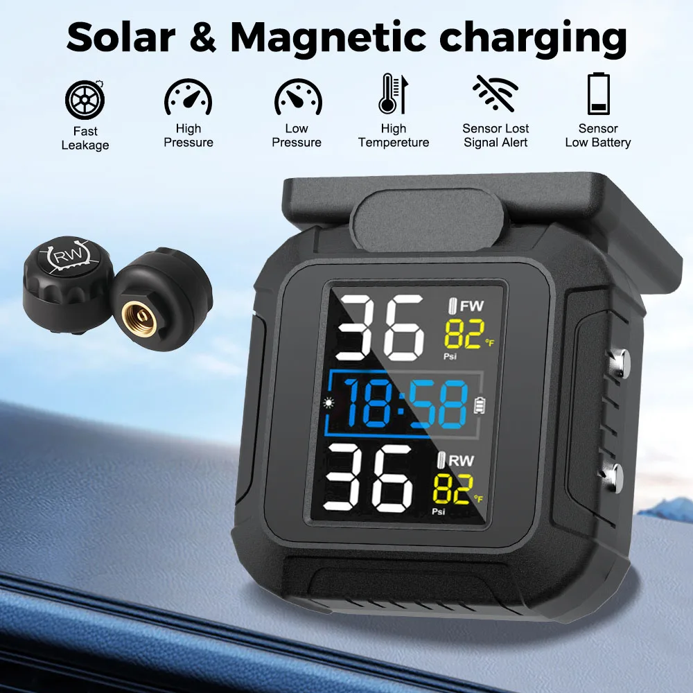 Solar TPMS Motorrad PMS mit 2-Reifensensoren MT20 Echtzeit-Temperaturtester Alarm Motorrad-Reifendrucküberwachungssystem