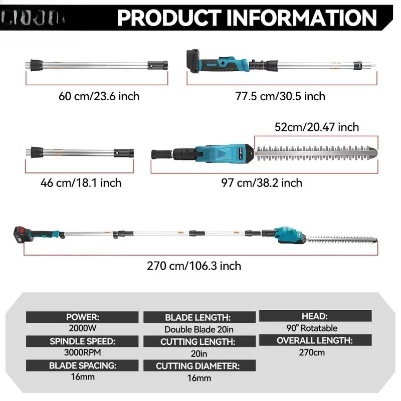 Cordless hedge trimmer blade 90 degree rotatable digital display garden branch cutter