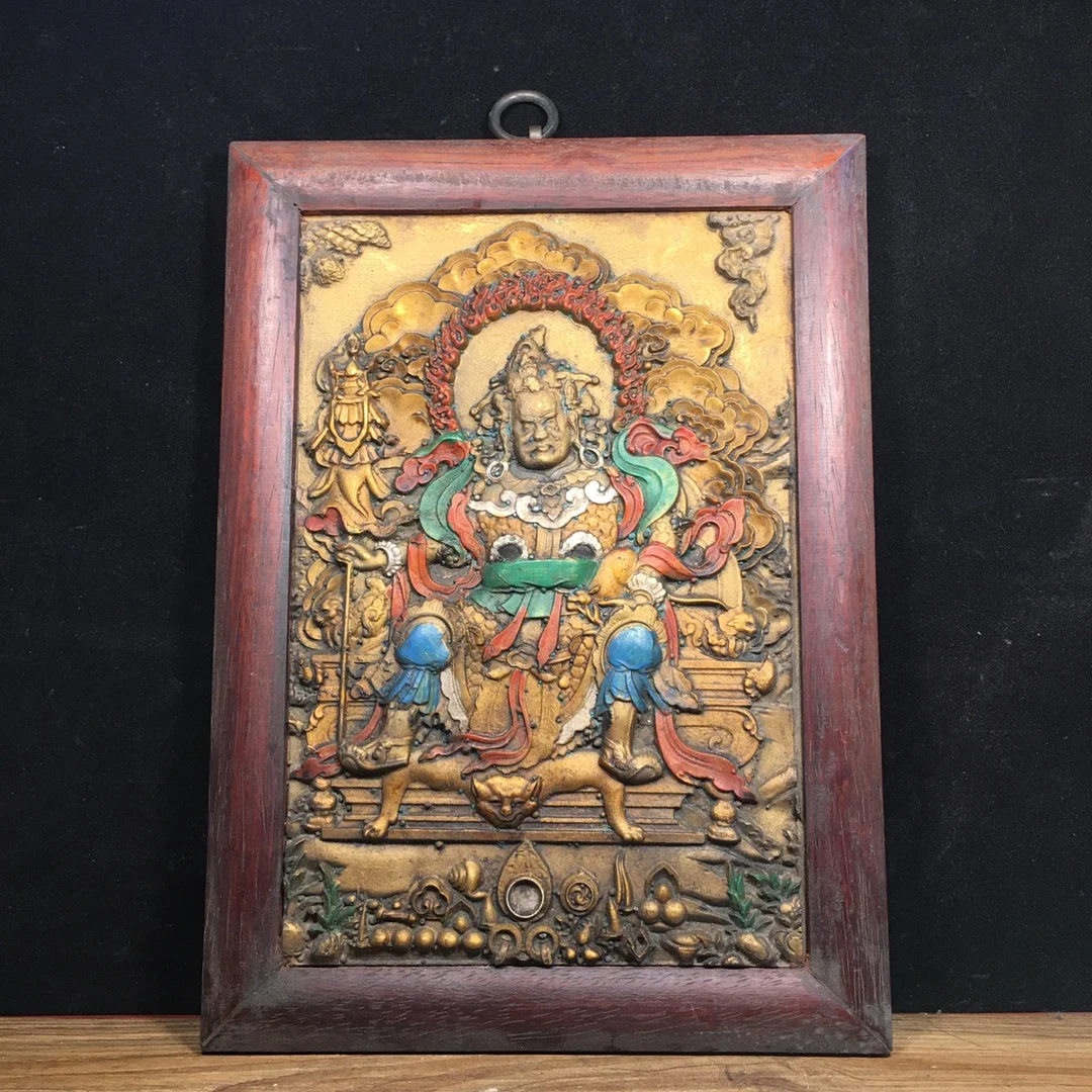 

12"Tibetan Temple Collection Old Rosewood Painted Gilded Relief Vaisravana Buddha Treasure Heavenly King Thangka Wall hanging