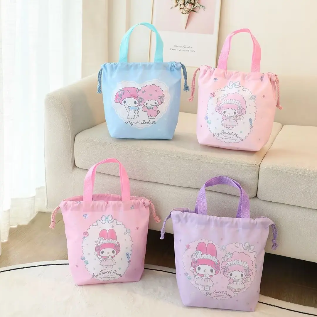 Cute Japanese Style Drawstring Bag Handbag Cartoon Kuromi My Melody Bento Bag For Girl Kawaii Double Sided Printing Bag