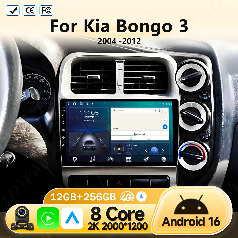 Central Multimídia Automotiva 8 núcleos sem fio Android 16 Carplay para Kia Bongo 3 2004-2012 com Reprodutor de Vídeo, Bluetooth, Wi-Fi 5G e Tela Touchscreen.