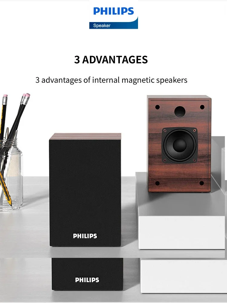 Philips SPA20 Bluetooth Speaker Mini Portable Wood Grain Indoor Desktop Loudspeaker 1 pair for Computer Smartphone Long Standby