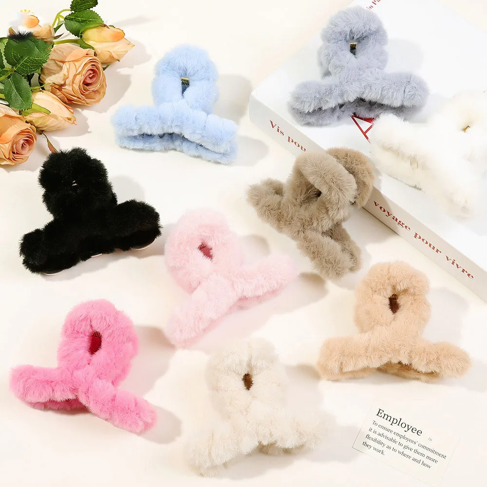 Faux Fur Mini Hair Claw Plush Hair Clip Crab Barrettes Fluffy Cross Acrylic Small Hairpins Women Girls Winter Hair Accessories