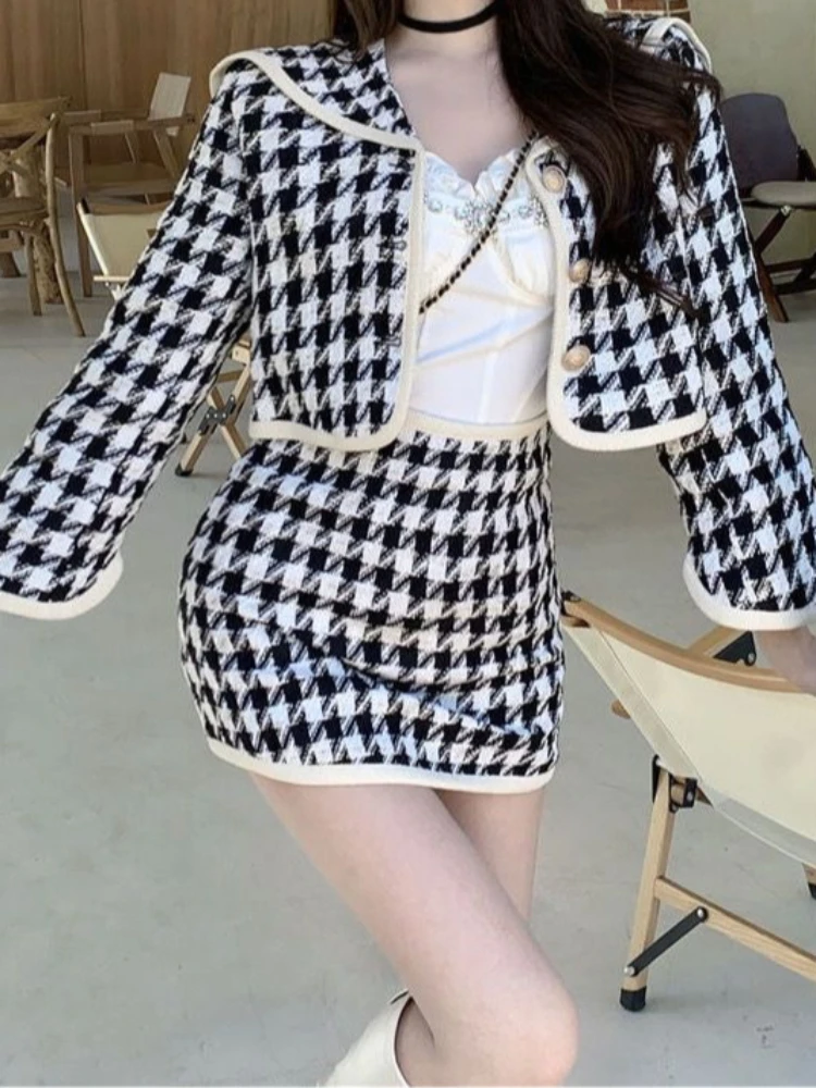 Herbst Frauen Französisch Elegante Zwei Stück Set Patchwork Abnehmen Design Blazer und Rock Set Casual Veranstaltungen Chic Warme Tweed Anzug 2025