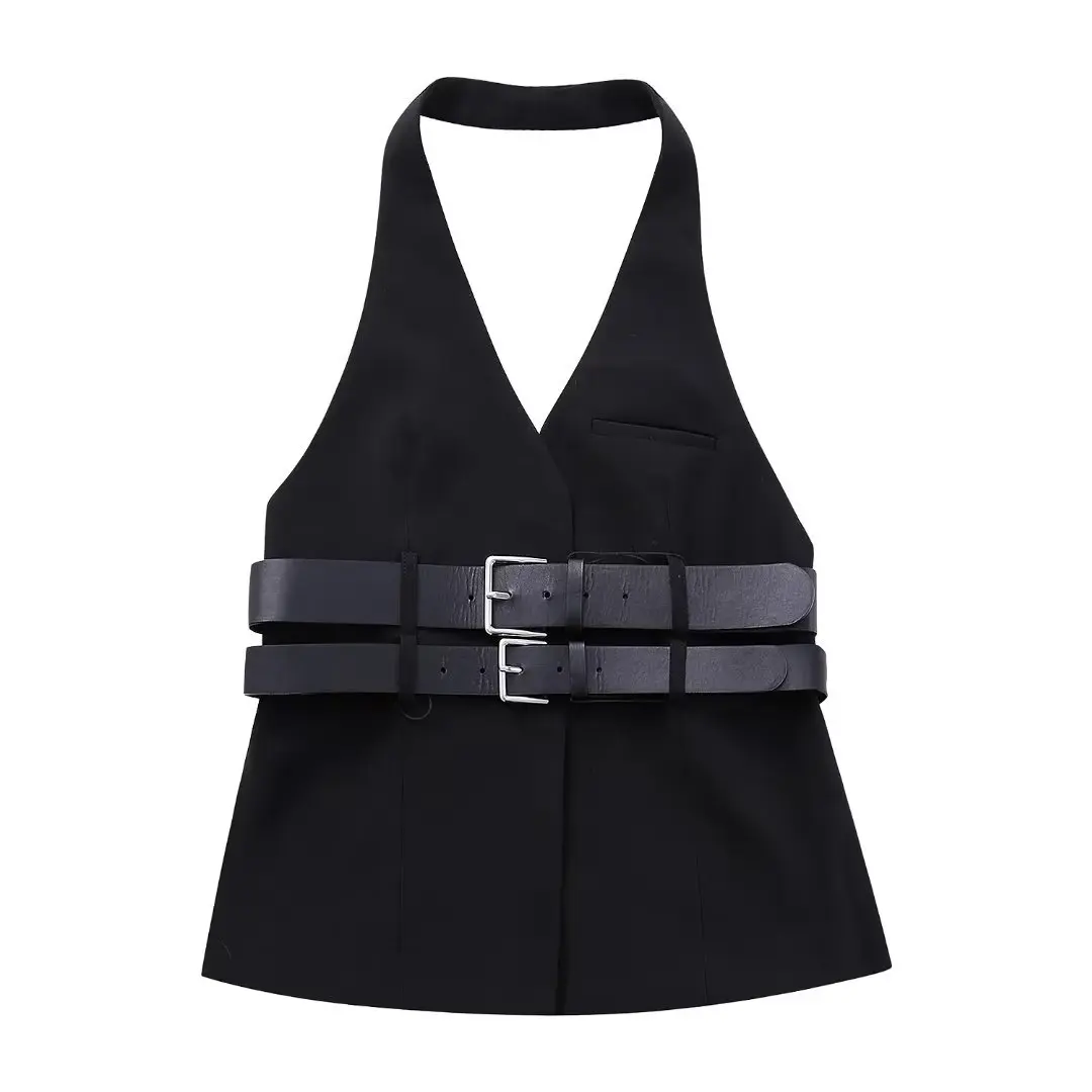 Women Fashion Leather Belts V-neck Halter Vest Elegant Sleeveless Backless Female Tanks Y2k 2024 Spring Summer Lady Waistcoat