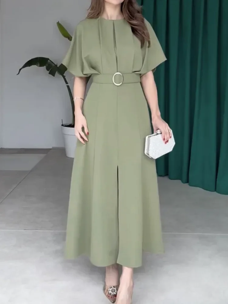 

Beautyblue Dresses 2025 Woman Summer Dress Fashion Short Sleeve with Belt Casual Leated Round-Neck Army Green Loose Female Robe