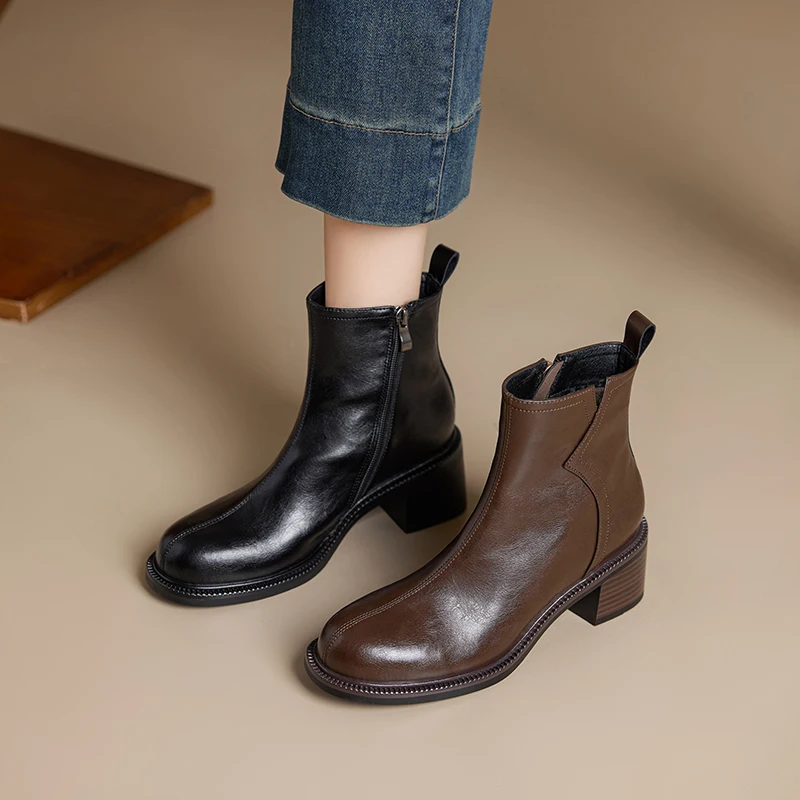 2026 new winter women ankle boots natural leather plus size 22-26cm cowhide round toe thick heel retro side zip short boots
