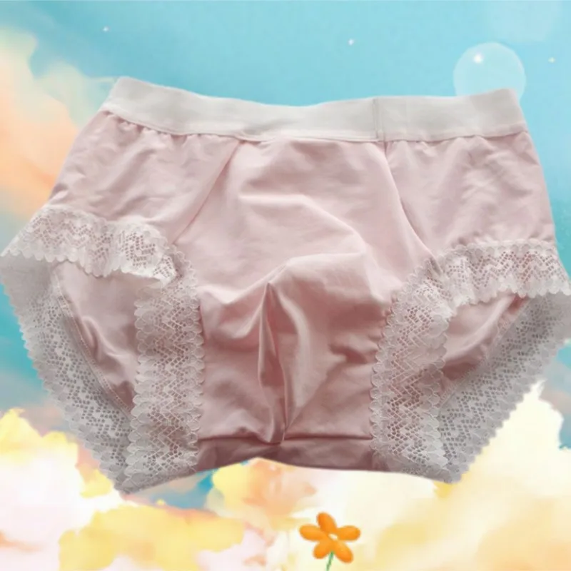 Men's Lace Trim Underwear Solid Color Sweet Modal Soft Comfortable Briefs Mid Waist Quick Dry Sissy Private Party Lingerie