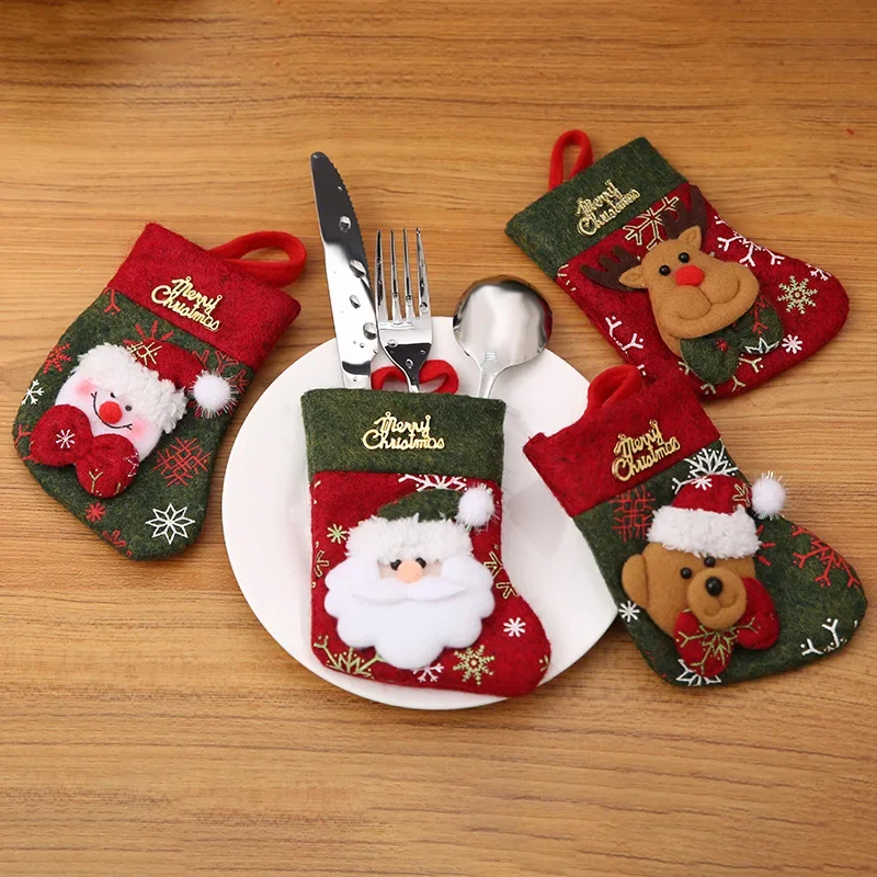 Santa Socks Reindeer Christmas New Year Pocket Fork Knife Cutlery Holder Bag Party Table Dinner Tableware Decorations for Home