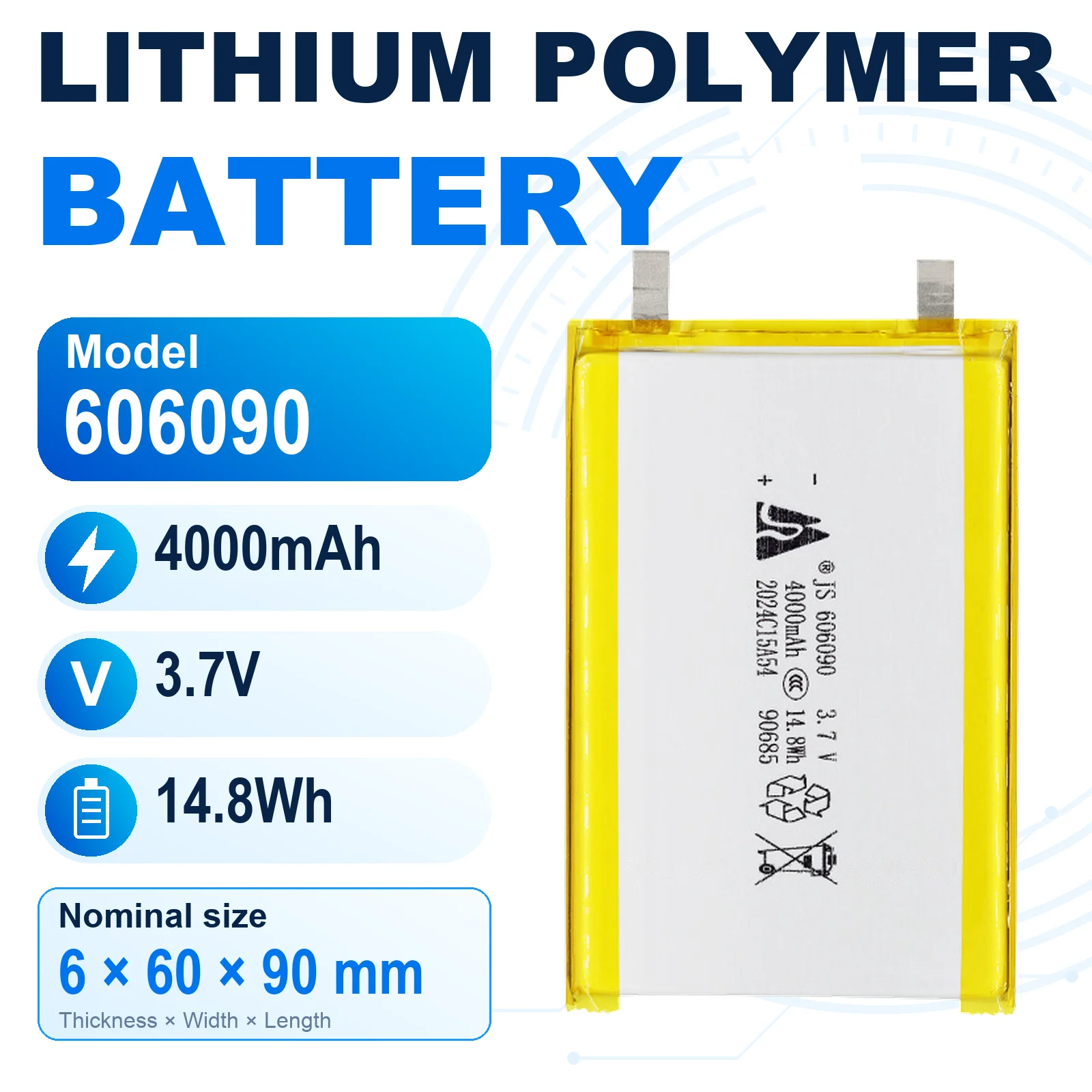 JS 606090 3.7V 4000mAh Rechargeable LiPo Battery 6x60x90mm Lithium Polymer Pouch Cell with Flat Metal Tabs