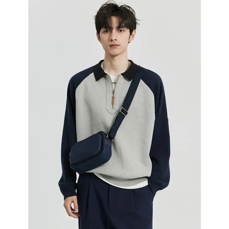 Camisola com zíper jaqueta de malha outono inverno novo estilo bloco de cores pulôver estilo coreano gola casual moda versátil topo