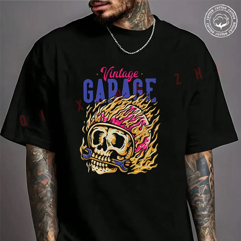 

Vintage Garage Skull Design Moto Men's Fashion T-shirt Cotton Casual Summer Comfortable Short Sleeve Tops
