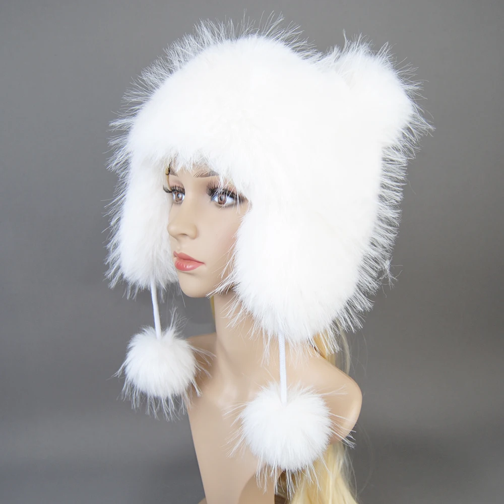 False Raccoon Fur Pompom Bomber Hats Russian Female Beanies False Raccoon Fur Hat Knitted Skullies Beanies Women's Winter Hats