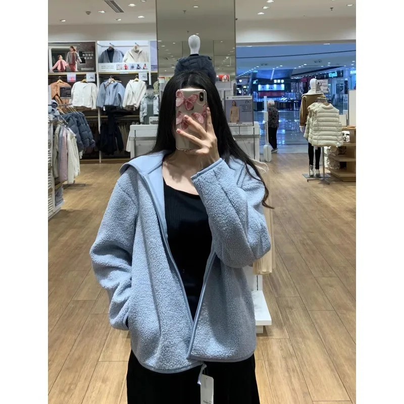 New Autumn Winter Fashion Women's Coat Imitating Lambskin Fleece Polar Fleece with A Zipper, Hood Long-sleeved Jacket Sweatshirt
