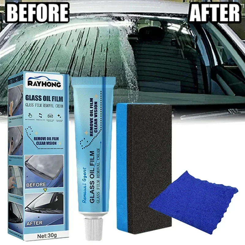 Car Glass Film Removal Cream Strong Decontamination Windshield Stain Remover with Sponge Mirror Cleaner for Auto Maintenance