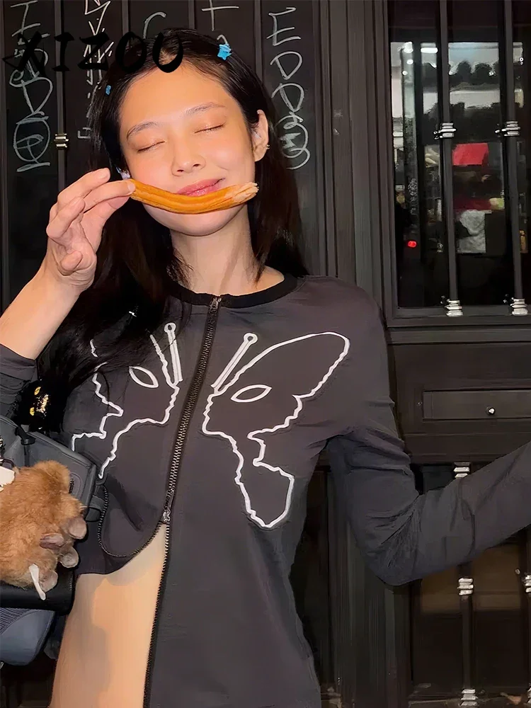 

XIZOU Повседневная куртка с принтом бабочки, женская повседневная классическая лоскутная куртка с длинными рукавами и двойной молнией, трендовое спортивное эластичное уличное пальто