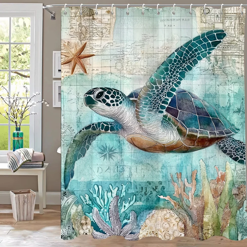 Ocean World, Turtles Shower Curtain 3D Printing Fabric Underwater World Bathroom Curtains for Bathroom Decoration with Hooks
