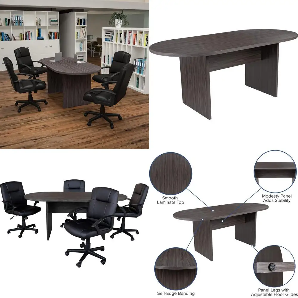 

Lake 5 Piece Rustic Gray Oval Conerence Table Set with 4 Black LeatherSot-Padded Task Chairs