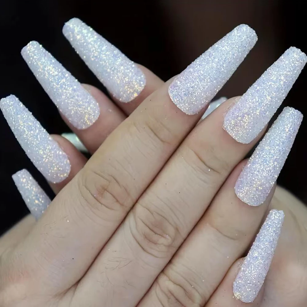 

24pcs/box Shinying White Sugar Diamond Press On Nails Long Ballet Glitter Diamond Glitter Fake Nails DIY Women Party Nail Tips