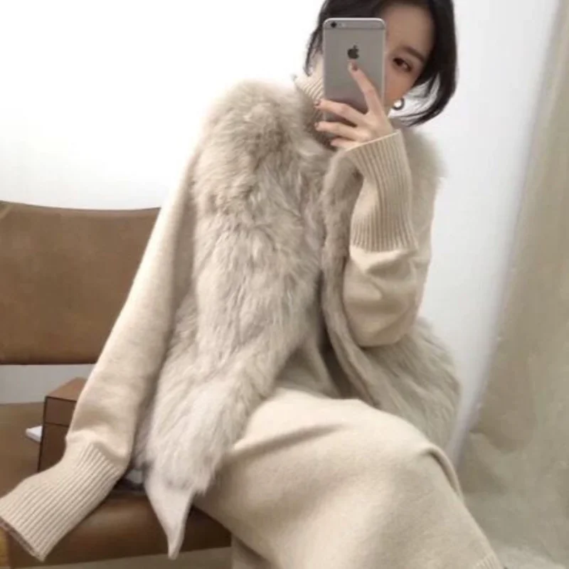 Women Faux Mink Fur Spliced Vest Autumn Winter Imitation Fox Hair Woolen Tanks Furry Thin Short Sleevleless Coat Crop Tops 2022