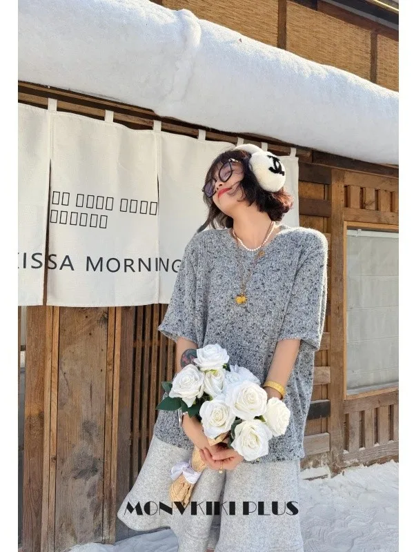 

plus Size Knitted T-irt Floral Tead Micro Plump Chic Retro Sle Women's Casual Loose Fit Polyester Blend Sweat Absorbent