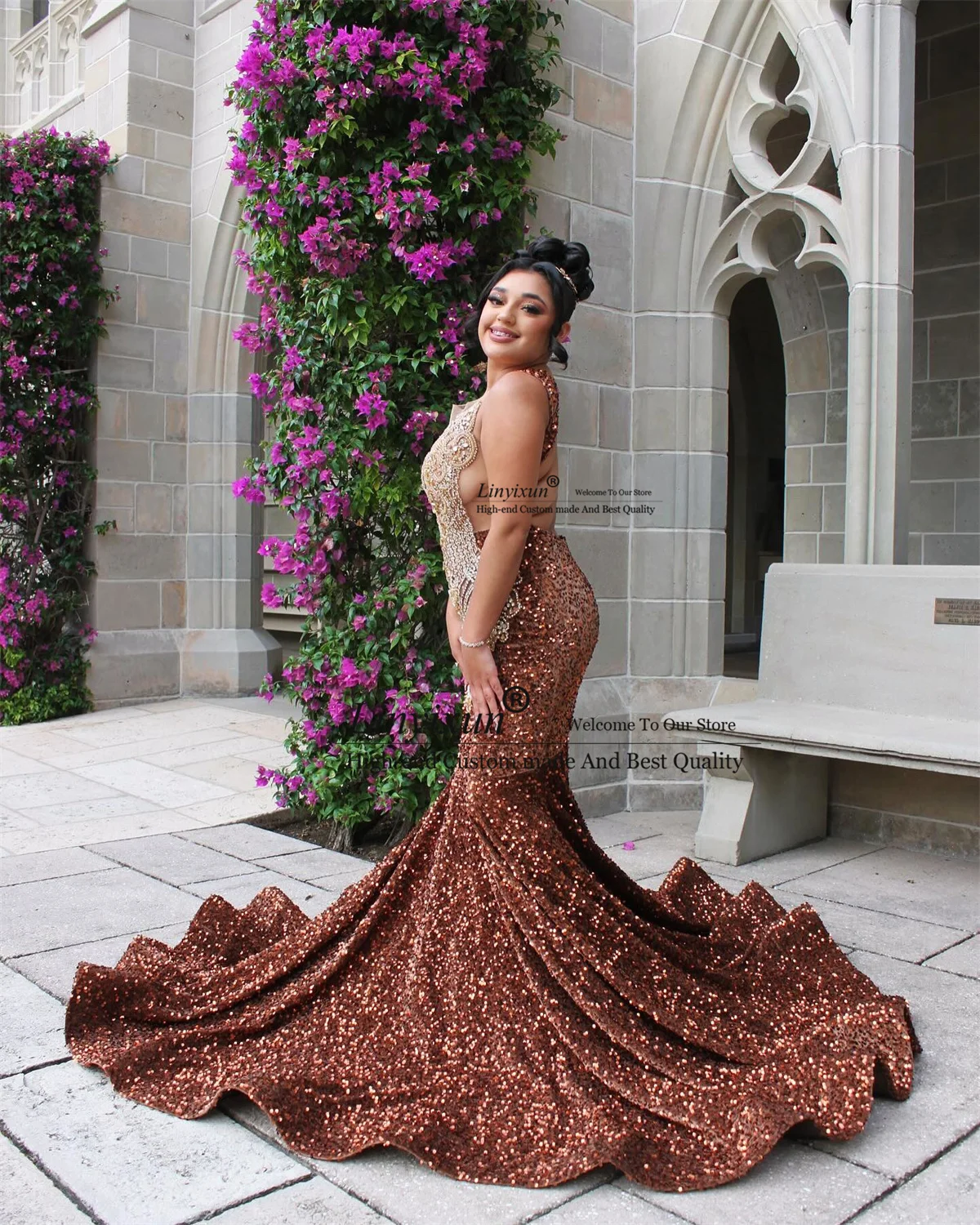 Fashion Brown Black Girls Mermaid Prom Dresses Luxury Rhinestones Beaded Evening Party Gala Gowns Long Birthday Robe De Soiree