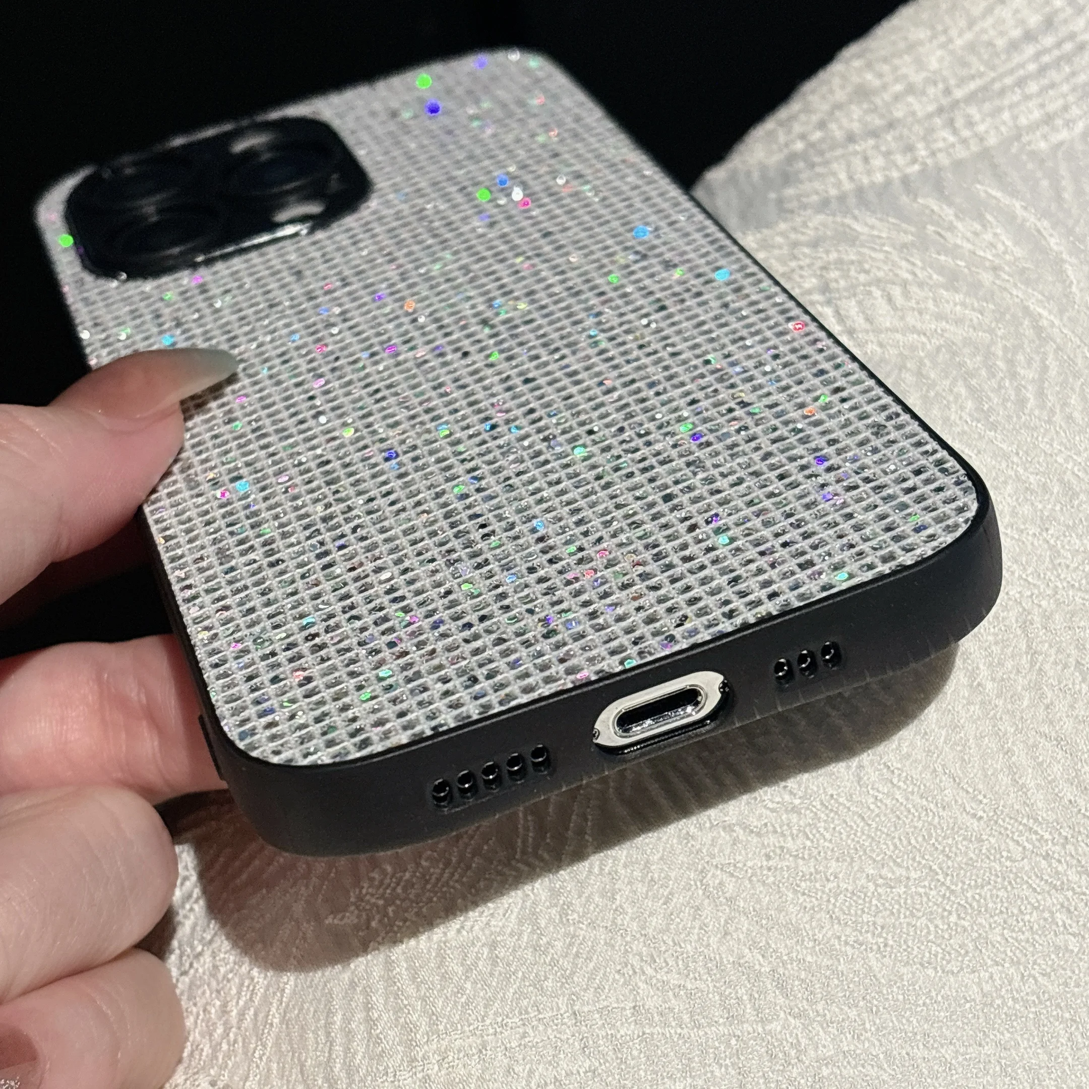 Luxuriöse Glitzer-Pailletten-Gittermuster Weiche Handyhülle für iPhone 16 15 14 13 12 11 Pro Max 16E X XS Plus Stoßfeste Schutzhülle – Detail 9