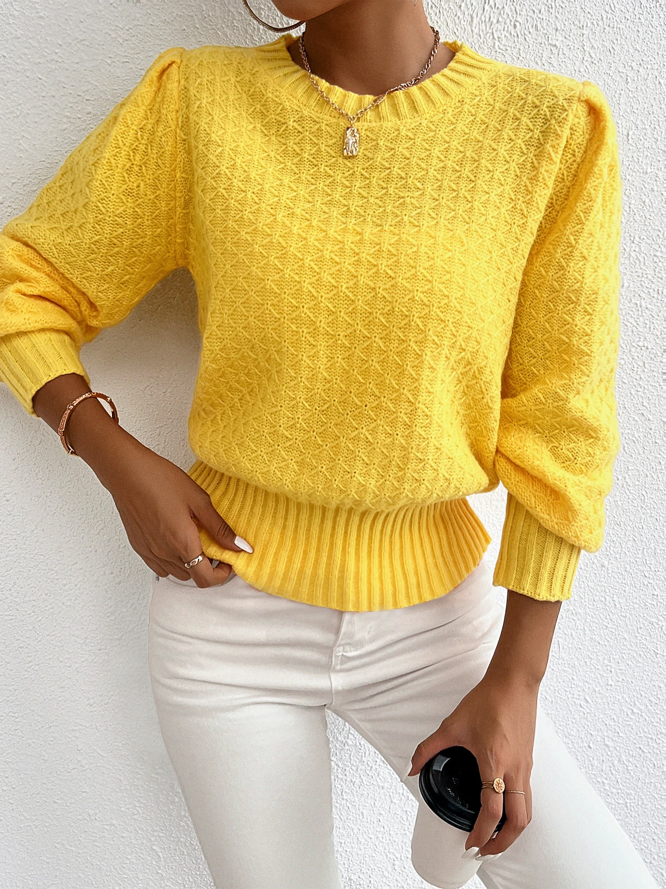 Französischer Diamantmuster-Strickpullover mit Laternenärmeln für Damen, Langarm, Komfortabler Schnitt, Rundhalsausschnitt