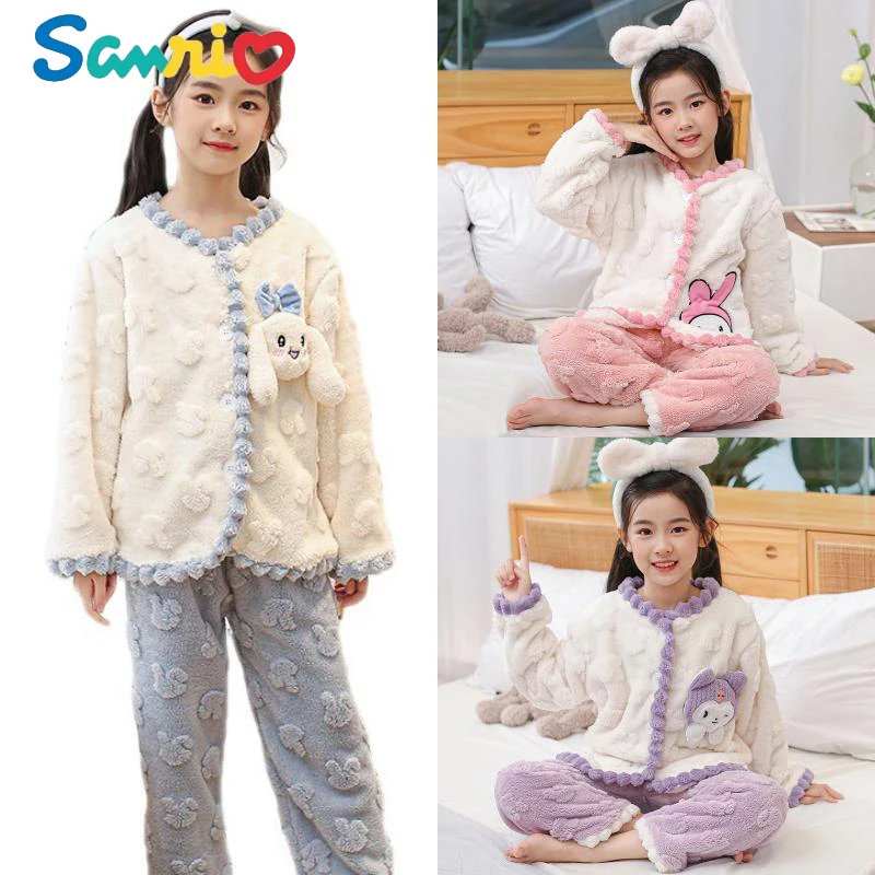 

Anime Sanrios My Melody Cinnamoroll Kuromi Hellokittys Coral Fleece Pajama Set Cartoon Cute Long Sleeve Cardigan Lounge Wear Set