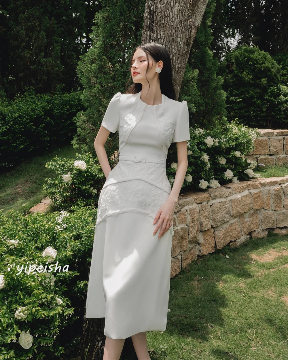 Jersey Applique Sash Ruched Wedding Party A-line Square Neck Bespoke Occasion Gown Midi Dresses