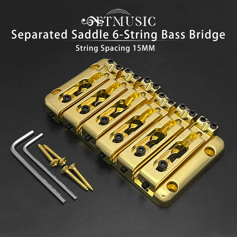6弦ベースブリッジ-108x60mm-ストリングボディスルーストリング-ストリングスペーシング15mm-セパレートサドル-フィックスドブリッジ-ブラック-ゴールド-クローム