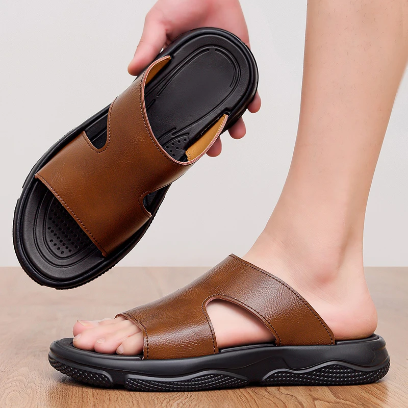 Men's Leather Slide Sandals Non-slip Thick Sole Casual Slippers Summer Outdoor Beach Shoes Breathable Lightweight Footwear