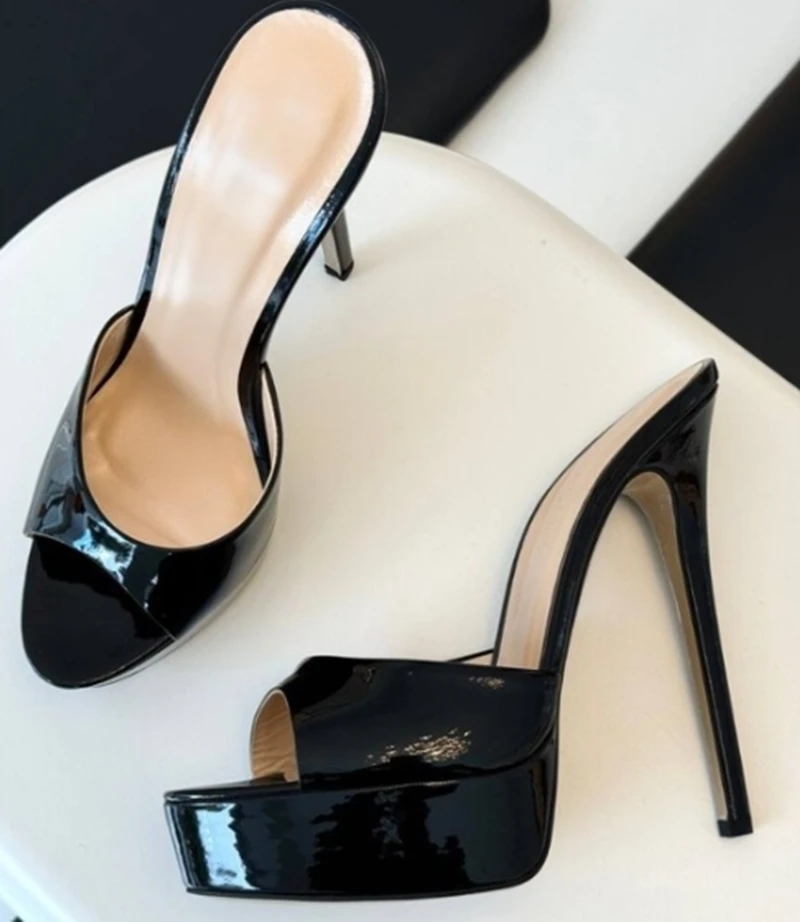

Black Patent Leather Open Toe Women Slip On Shoes 14cm 16cm Platform Heels Mules Shoes Concise Shinny Evening Club Footwears
