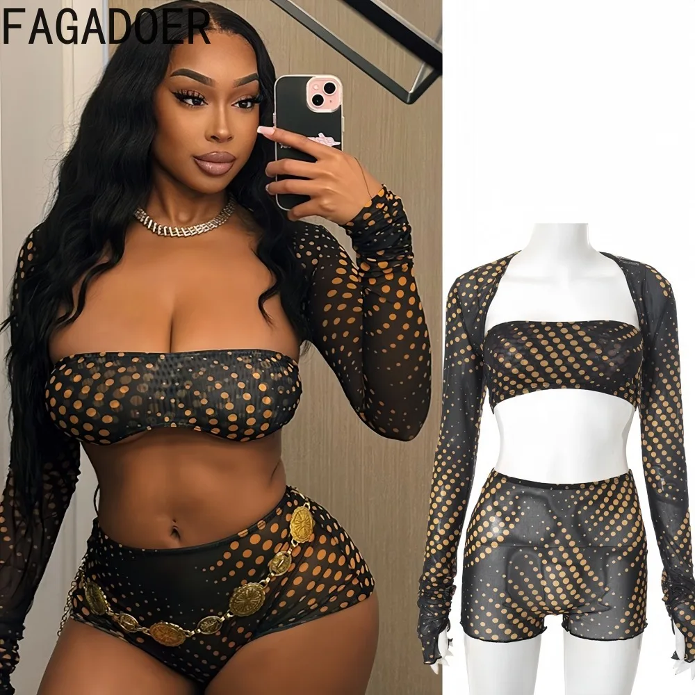 

FAGADOER Sexy Mesh Polka Dot Print 3 Pieces Set for Woman Outfits Full Sleeve Shawl + Tops + Shorts Matching Female Streetwear