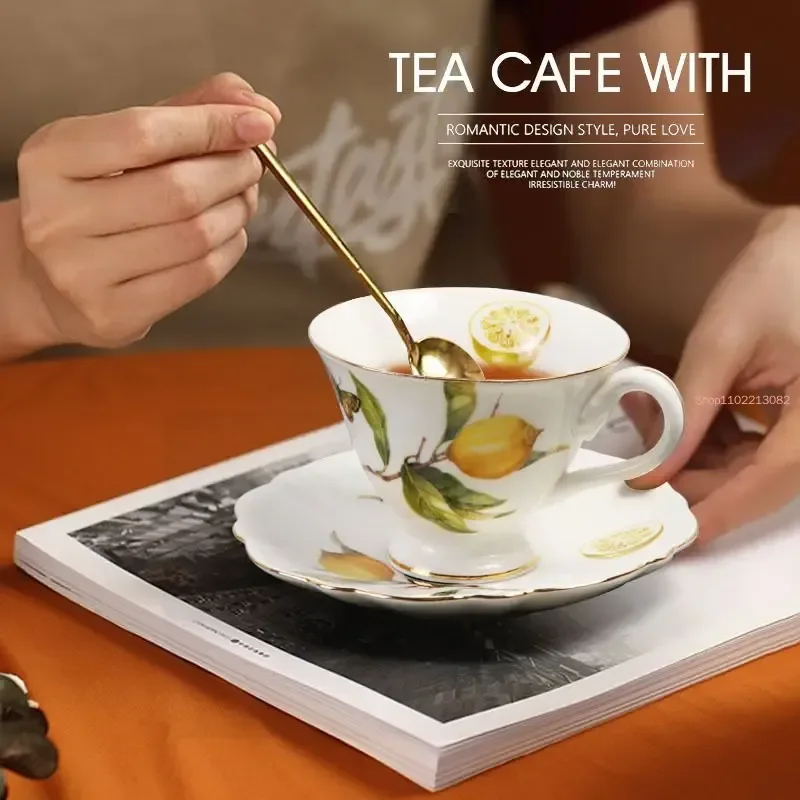 Lemon Tea Cup And Saucers SetEurope Floral Ceramic Mug Coffee Cup Set With Dessert PlateRose Relief Afternoon Tea Coffee Cups