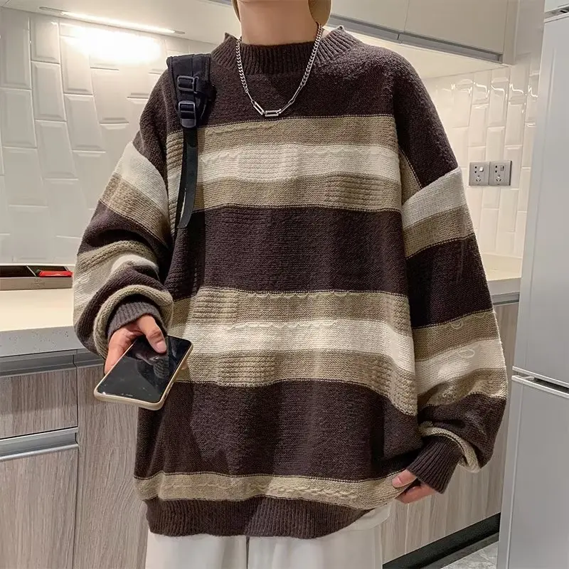 

Осенне-зимний свитер большого размера 250, вязаный круглый полосатый свитер Pou Faion Long Sve, мужской прямой бейсбольный воротник