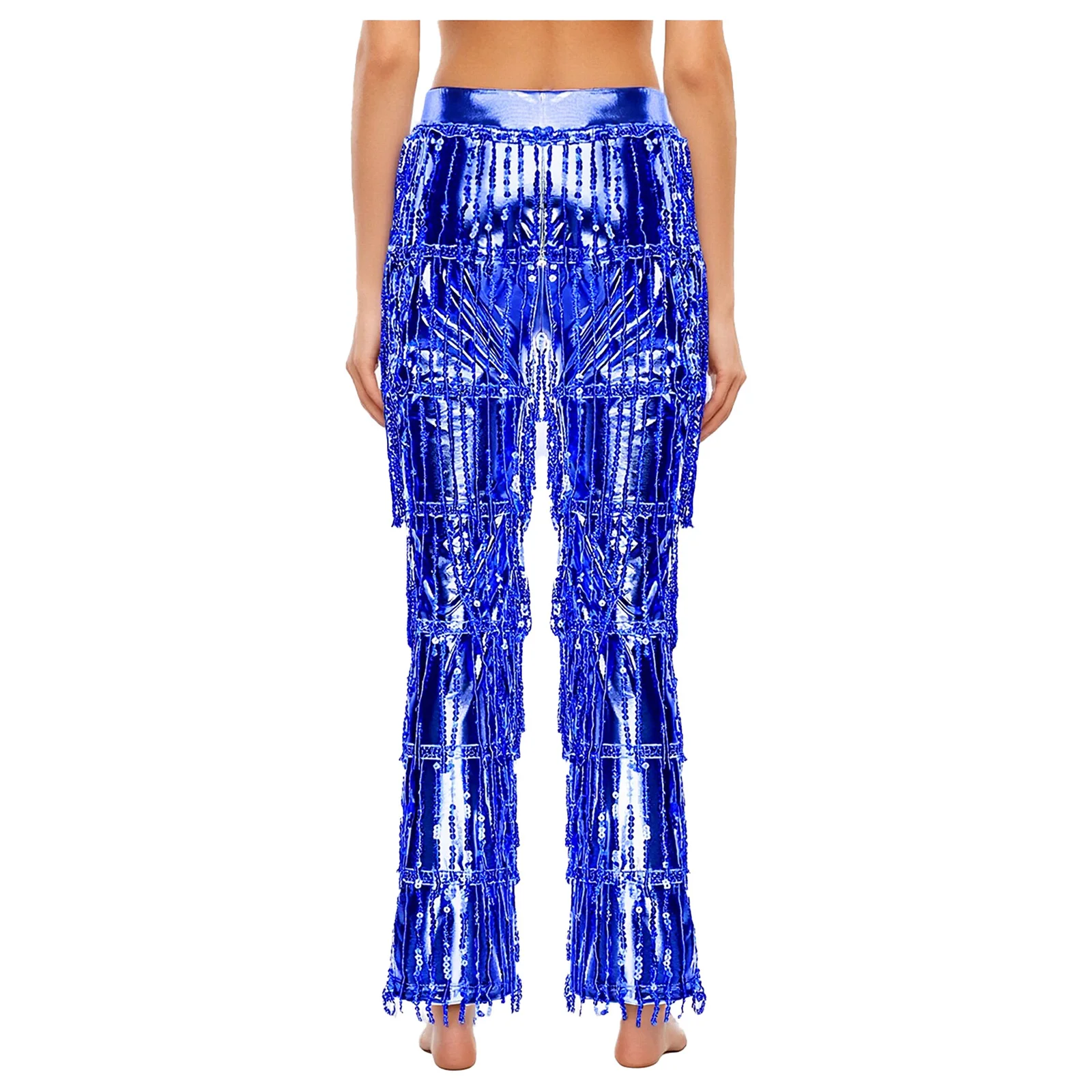 سراويل الرقص اللاتينية النسائية المتدرجة الترتر شرابة اللون حجب معدني السراويل الطويلة بنطلون لكرنفال التانغو السالسا 70s ديسكو #2