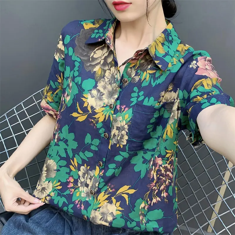 Women\'s Clothing Turn-down Collar Blouse Vintage Floral Printed Summer Short Sleeve Casual Stylish Pockets Spliced Button Shirt