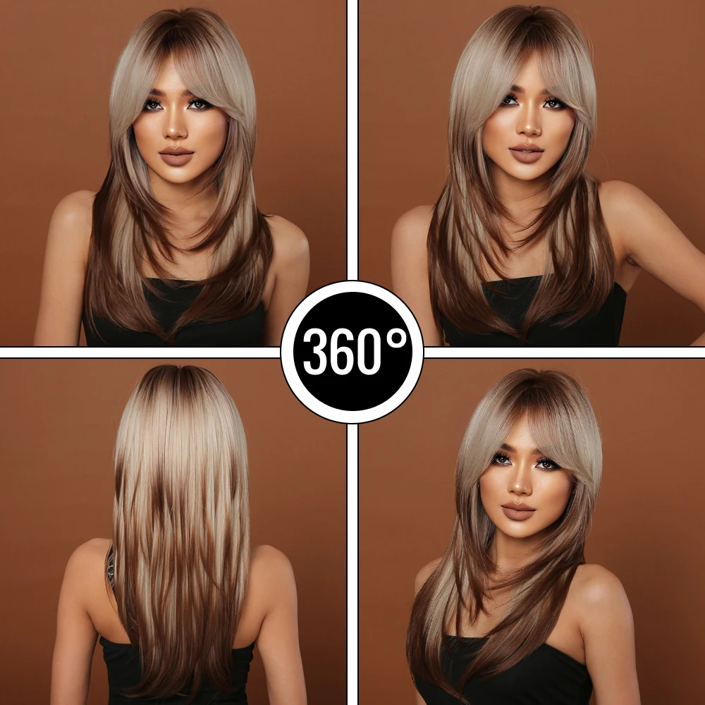 Pelucas sintéticas largas y rectas en capas para mujeres negras, color marrón, Balayage degradado con flequillo, disfraz de Cosplay, resistente al