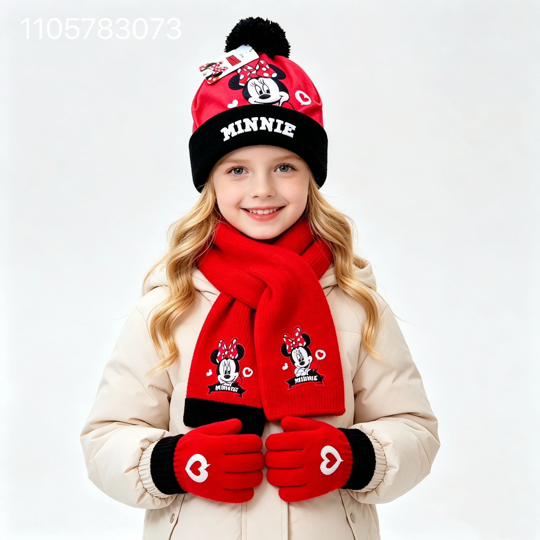 New Autumn and Winter Children Mouse Minnie Cartoon Scarf Hat Glove 3pcs Warm Cap Boy Girl Child Hat Pompon Beanie Birthday