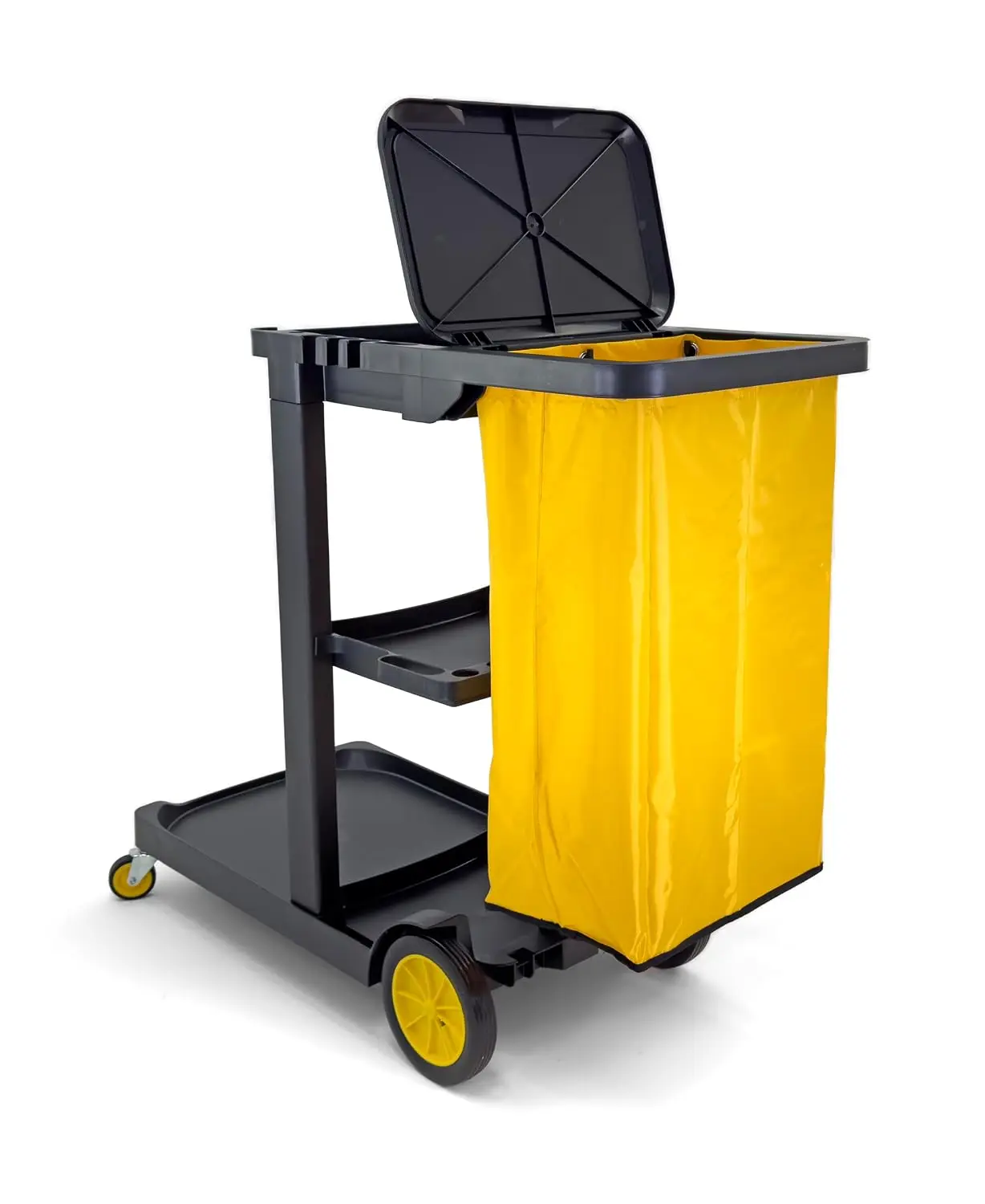 Compact Size Janitorial Cart | 3 Shelves 25 Gallon Vinyl Bag with Cover 450 LBS Capacity Black