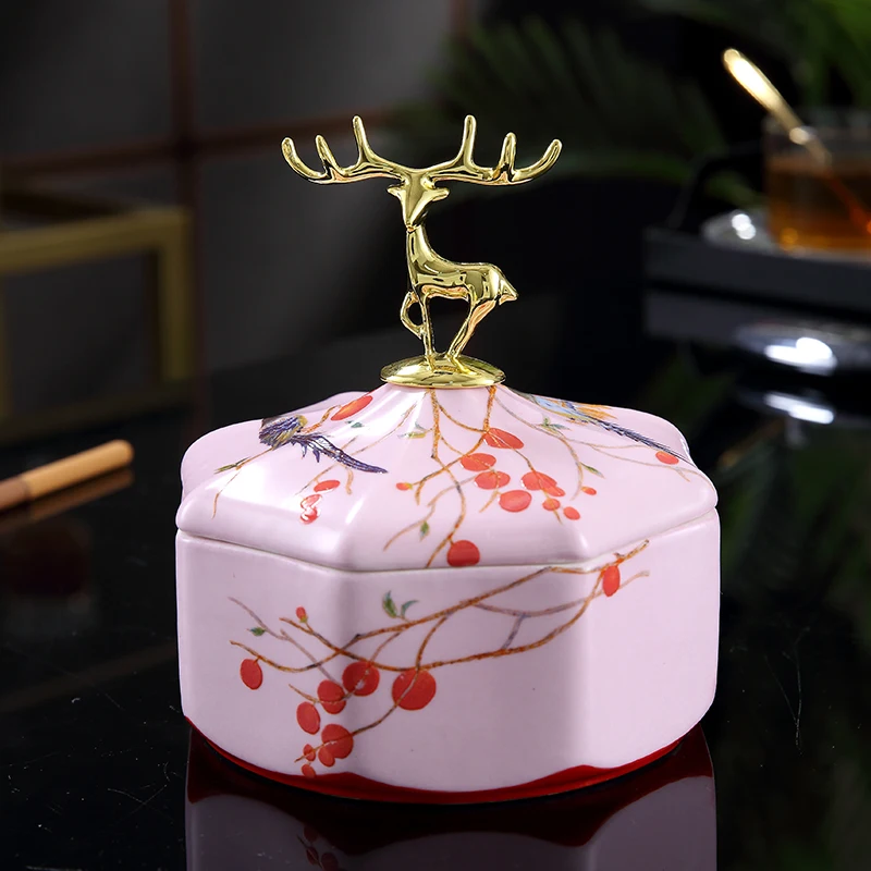 Ceramic Storage Deer Cover Tea Tin Sealed Jar Moisture-proof Caddy Decorative Organizer Ashtray Crafts