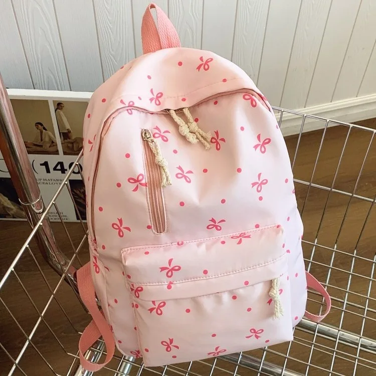 Back To School Season Playful Bow Print Backpack Quilted Multi-Pocket Adjustable Straps Large Capacity Backpack for Daily Use