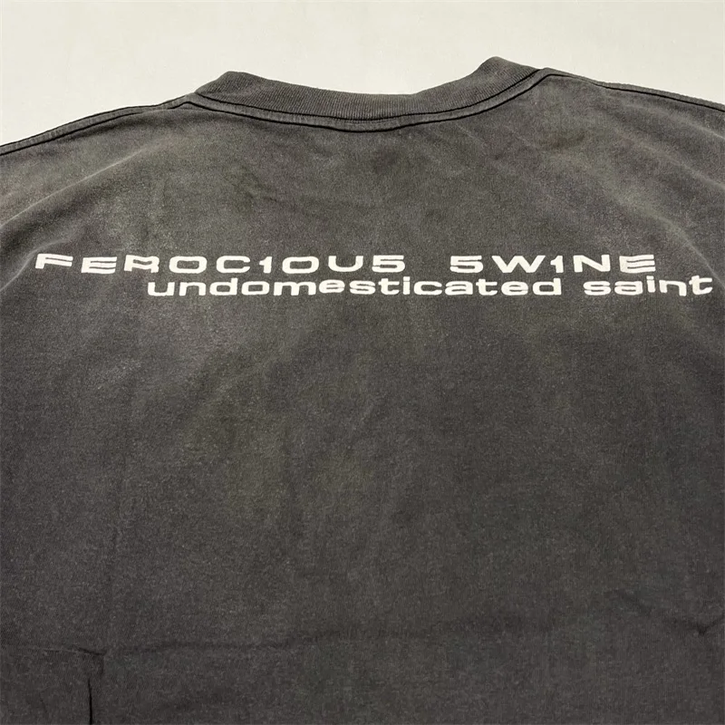 SAINT Mxxxxxx Alien Print T-shirts Men Women 1:1 Best Quality Black Washed Vintage Short Sleeves