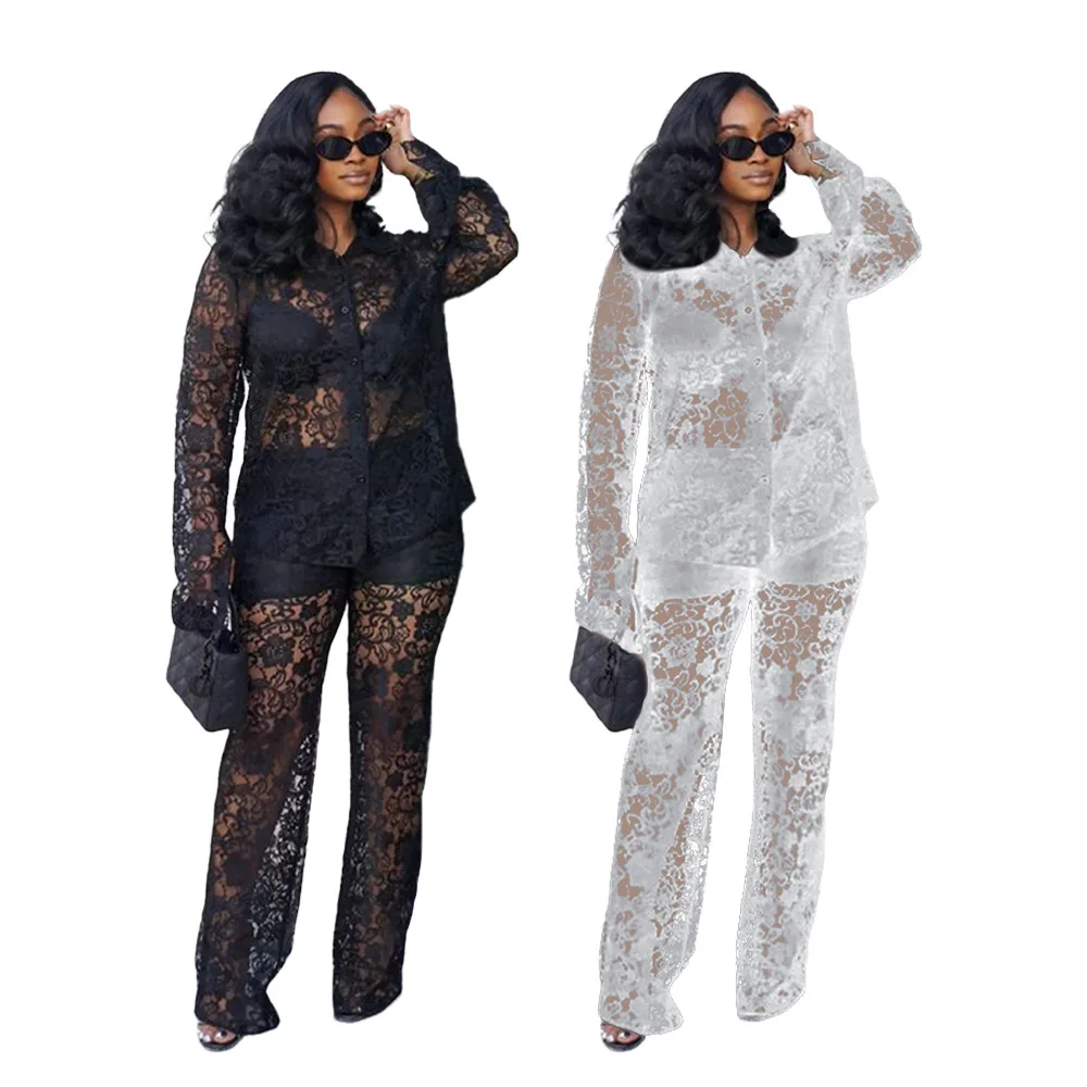 

New Women's Two-piece Sexy Lace Patterned Lapel See Through Top Casual Pants Set for Autumn 2025