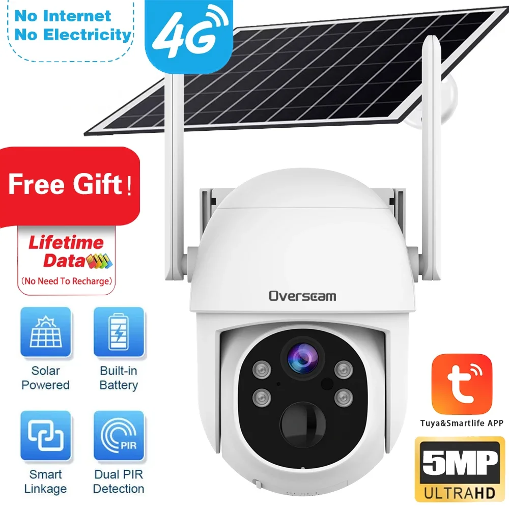Tuya Smart life Home 4G SIM Card Lifetime Data 5MP Surveillance Smart Security Camera Solar PTZ 2-Way Audio PIR Detection Camera