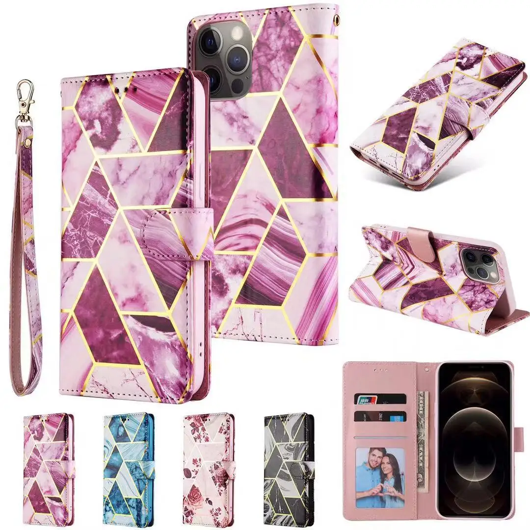 

Leather Marble Texture Phone Case with Card Slots, Luxury Cover for Ipone 14, 13, 12, 11 Pro Max, Mini, XS, XR, 8, 7, 6, 6S Plus