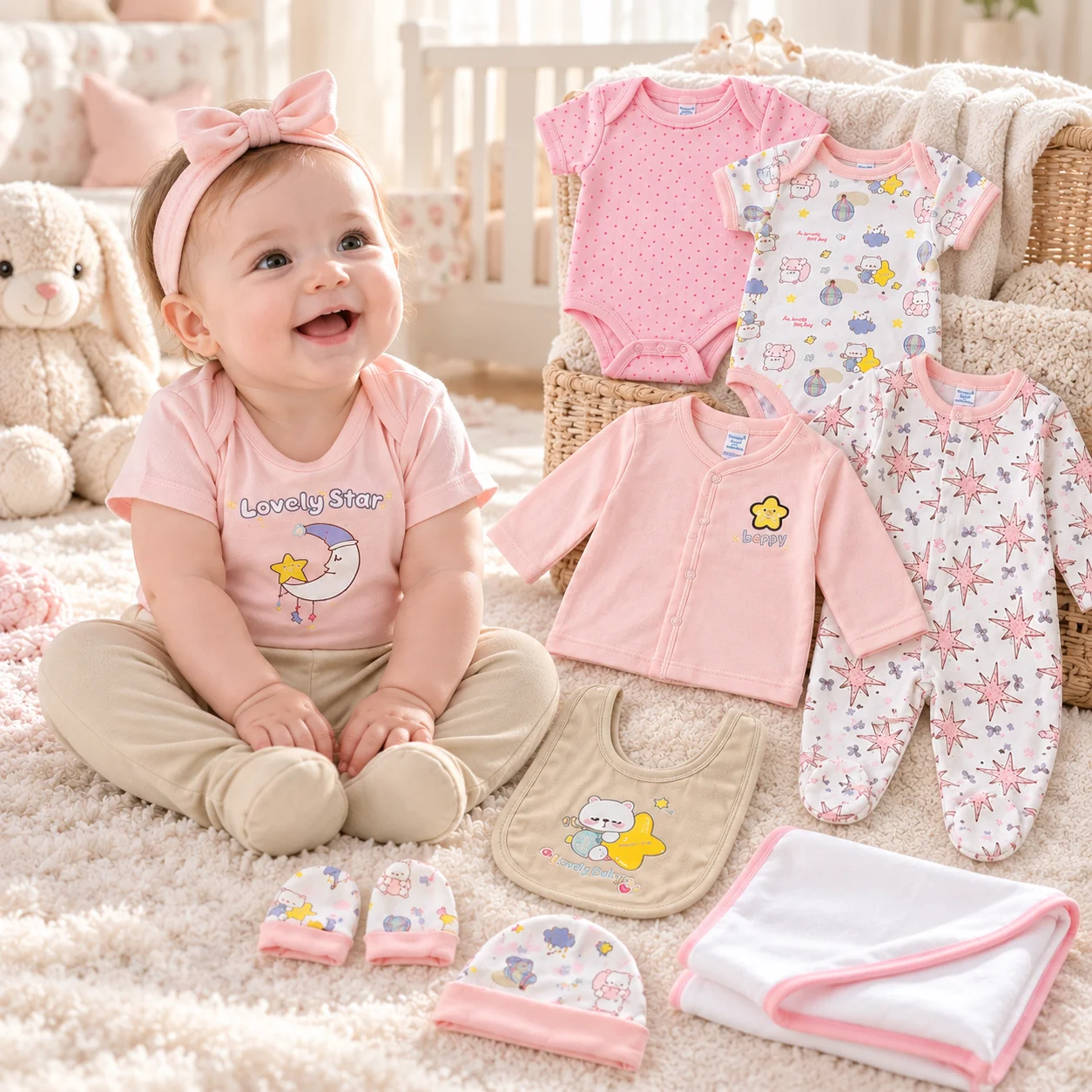 10Pcs Baby Girl Clothes Set Newborn Infant Bodysuit Romper Outfits Cute Star Moon Baby Clothing Set Tops Pants Accessories Gift