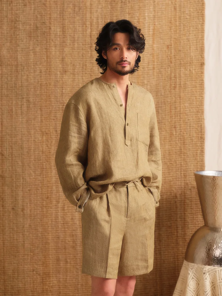 CULTUM Men's Casual Linen Shirt Long Sleeve Half Open Front Collarless Breathable Lightweight Summer Business Casual Top