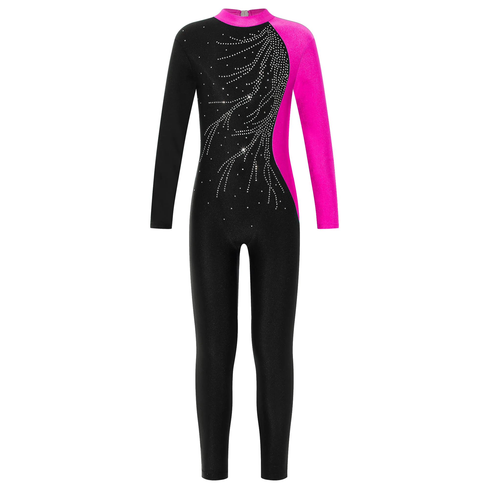 Kids Girls Gymnastics Jumpsuit Ballet Dancewear Long Sleeve Shiny Rhinestone Patchwork Bodysuit Skating Dance Unitard Zentai